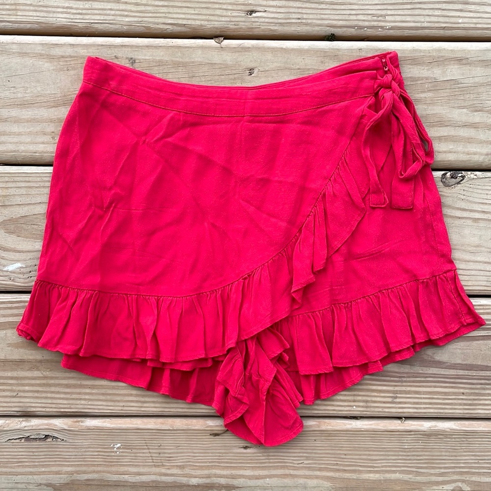 Red High-Rise Ruffle Hem Wrap Skort